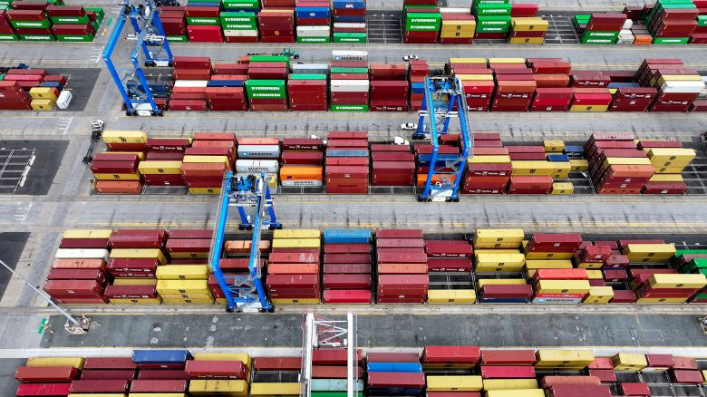 A drone view shows containers on the day President Donald Trump announced new tariffs at the Port of Baltimore, Maryland, on April 2, 2025.