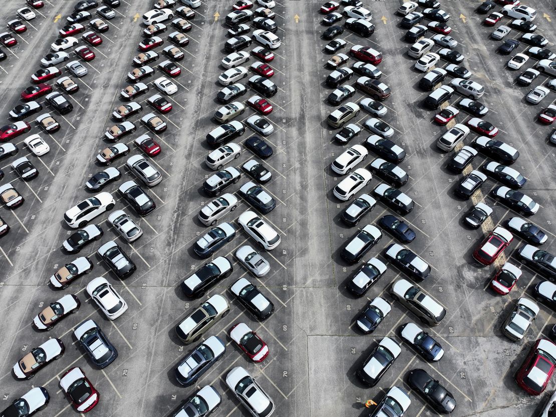 Drone view shows cars at the Port of Baltimore, Maryland, on April 2, 2025, the day President Trump announced new tariffs on imported vehicles.