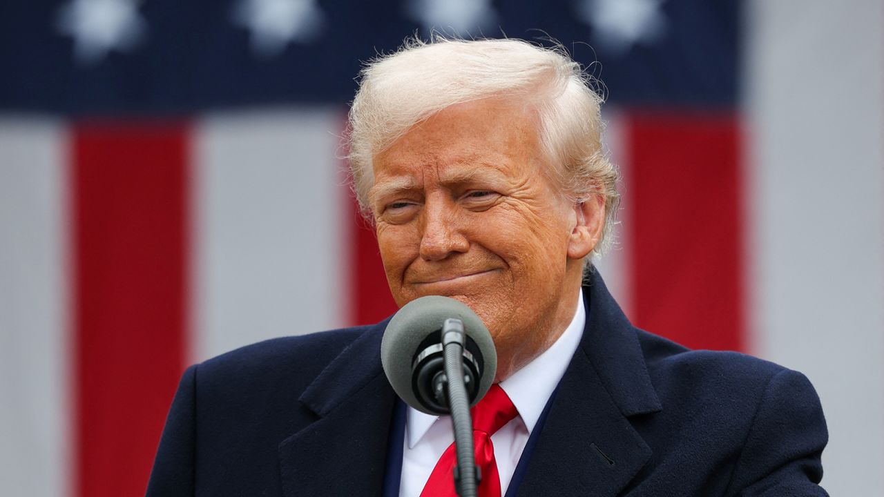 U.S. President Donald Trump reacts as he delivers remarks on tariffs in the Rose Garden at the White House in Washington, D.C., U.S., April 2, 2025.