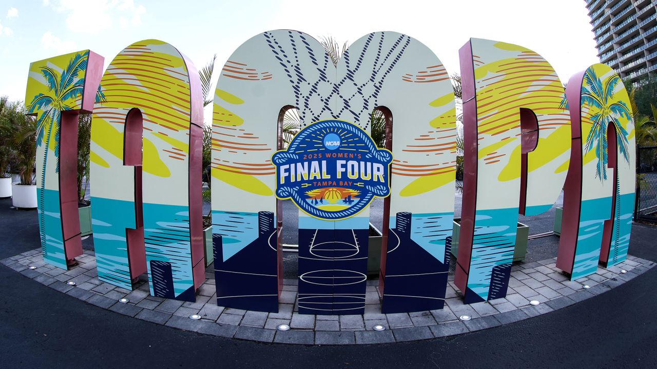 Apr 2, 2025; Tampa, FL, USA; a general view of tournament signage around downtown Tampa before the start of the NCAA Woman’s Basketball Final Four at Amalie Arena. Mandatory Credit: Nathan Ray Seebeck-Imagn Images