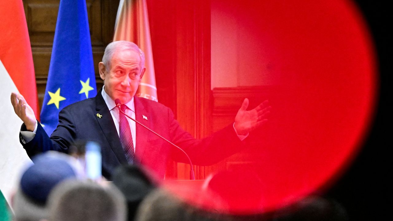 Israeli Prime Minister Benjamin Netanyahu delivers a speech at Ludovika University of Public Service in Budapest, Hungary, April 4, 2025. REUTERS/Marton Monus