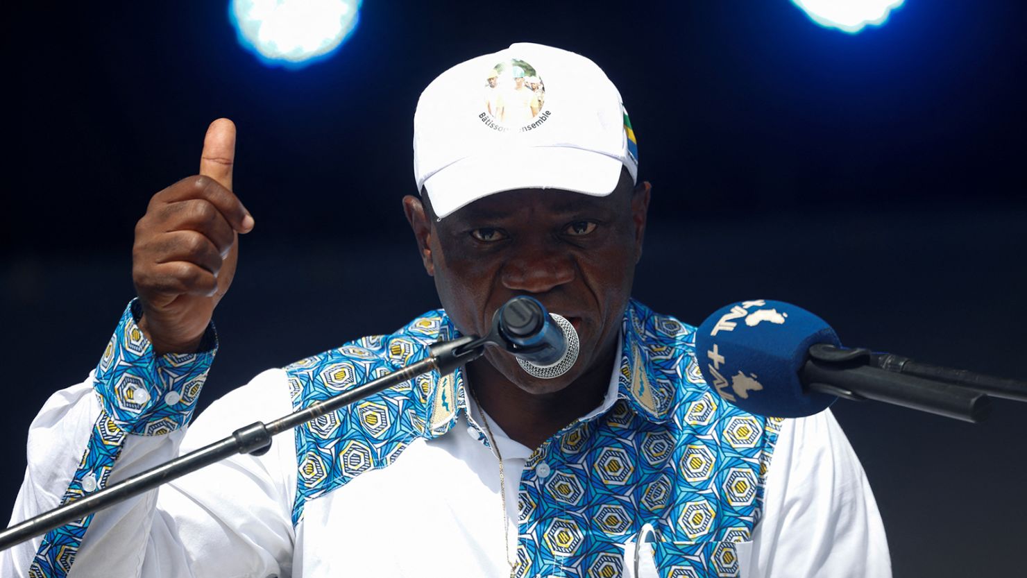 Interim President Gen. Brice Clotaire Oligui Nguema speaks as he takes part in his last electoral rally in Libreville, Gabon.