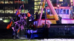 Emergency personnel work at the scene of a helicopter crash on the Hudson River near lower Manhattan in New York, as seen from Newport, New Jersey U.S., April 10, 2025.  REUTERS/Eduardo Munoz