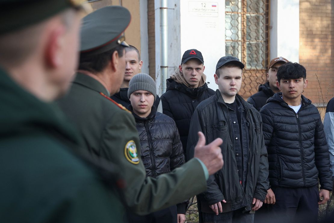 Russian conscripts line up at a recruitment headquarters in the Leningrad region in April.