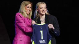 Paige Bueckers poses with WNBA commissioner Cathy Engelbert after being selected with the number one overall pick by the Dallas Wings in the 2025 WNBA Draft in New York.