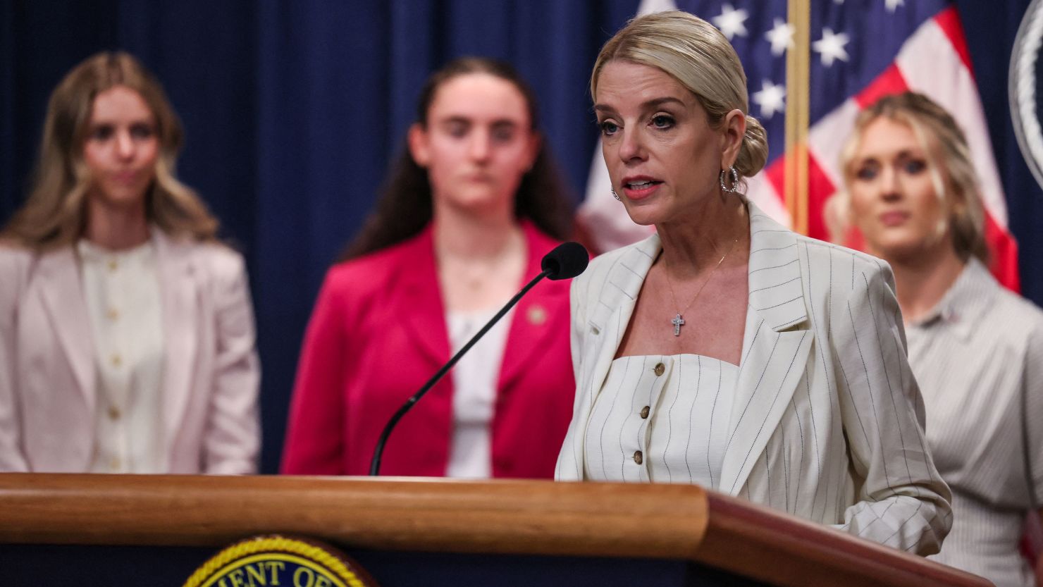U.S. Attorney General Pam Bondi attends a press conference, as she unveils actions against the state of Maine, which is locked in a dispute with the Trump administration over transgender policy, at the Justice Department in Washington, D.C., U.S., April 16, 2025.