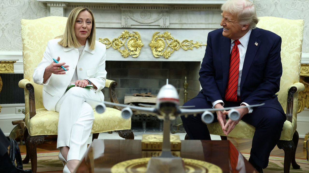 Italian Prime Minister Giorgia Meloni speaks from the Oval Office at the White House, with President Donald Trump, in Washington, DC, on Thursday.