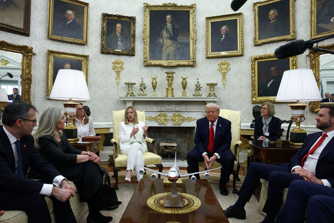 Italian Prime Minister Giorgia Meloni and US President Donald Trump meet in the Oval Office at the White House in Washington, DC, on Thursday, April 17.