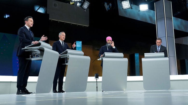 Conservative Leader Pierre Poilievre, Liberal Leader Mark Carney, New Democratic Party Leader Jagmeet Singh and Bloc Quebecois Leader Yves-Francois Blanchet participate in the English-language federal leaders' debate in Montreal, Thursday, April 17, 2025. Adrian Wyld/Pool via REUTERS