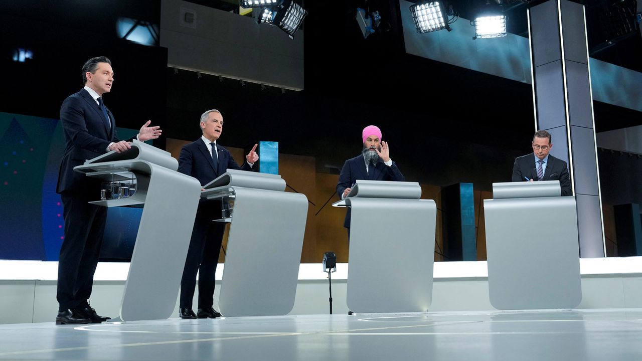 Conservative Leader Pierre Poilievre, Liberal Leader Mark Carney, New Democratic Party Leader Jagmeet Singh and Bloc Quebecois Leader Yves-Francois Blanchet participate in the English-language federal leaders' debate in Montreal, Thursday, April 17, 2025. Adrian Wyld/Pool via REUTERS