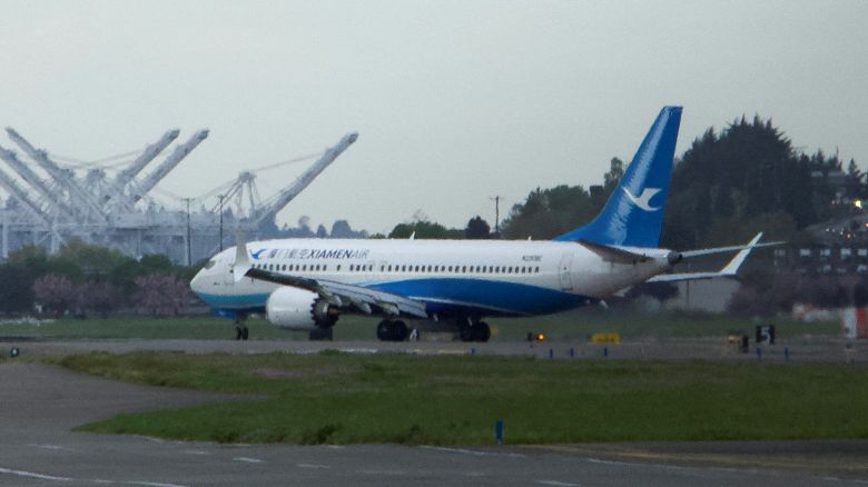 A Boeing 737 MAX plane, intended for China's Xiamen Airlines, arrives at King County International Airport after returning from China due to ongoing tariff disputes, in Seattle, Washington, U.S. April 19, 2025.