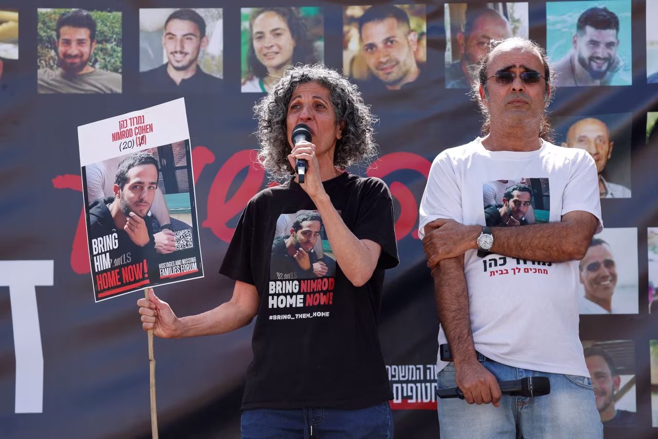 Viki Cohen, the mother of hostage Nimrod Cohen, speaks  at kibbutz Nir Oz, Israel, on April 20.