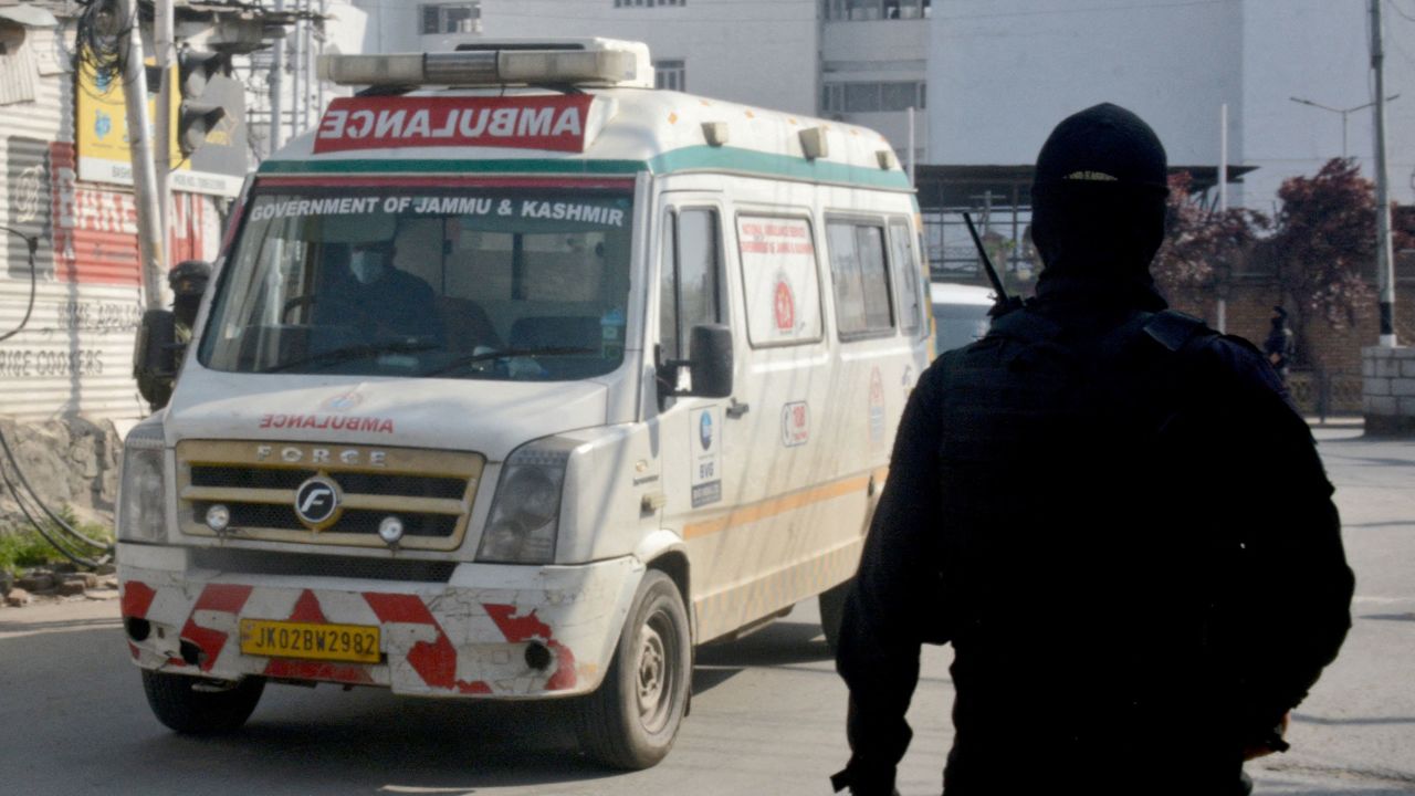An ambulance carrying the bodies of tourists killed in a suspected militant attack near Pahalgam, in Indian controlled Kashmir, arrive at the police control room in Srinagar, on Wednesday.