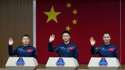 Astronauts Chen Dong, Chen Zhongrui and Wang Jie at a news conference ahead of their Shenzhou-20 mission at Jiuquan Satellite Launch Center in Gansu, China, on April 23, 2025.