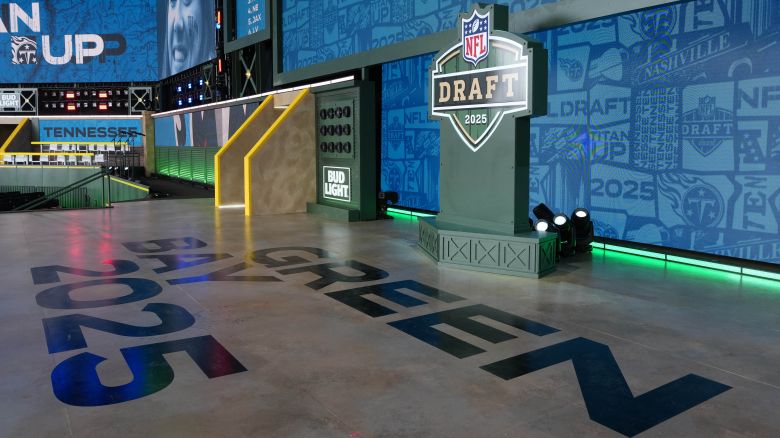 Apr 24, 2025; Green Bay, WI, USA; The Green Bay 2025 logo on the main stage before the NFL Draft at Lambeau Field. Mandatory Credit: Kirby Lee-Imagn Images