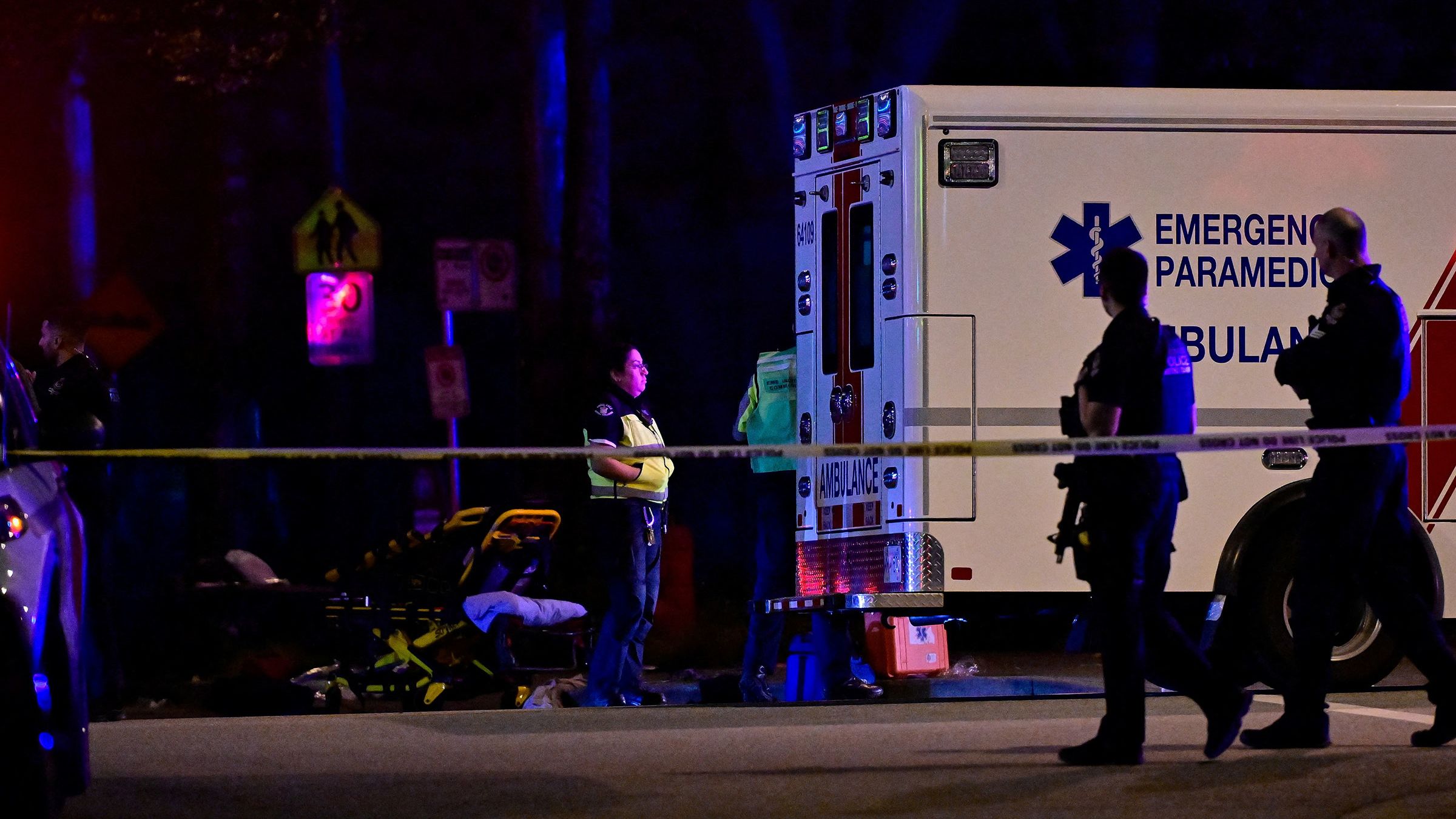 An ambulance is parked at the site of a street festival celebrating Filipino heritage in Vancouver, British Columbia, Canada, where a vehicle drove into a crowd on Saturday.