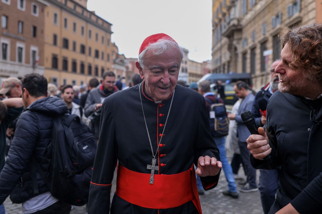 Cardinal Vincent Nichols arrives for a general congregation meeting in the Vatican, as seen from Rome, Italy, April 28, 2025. 