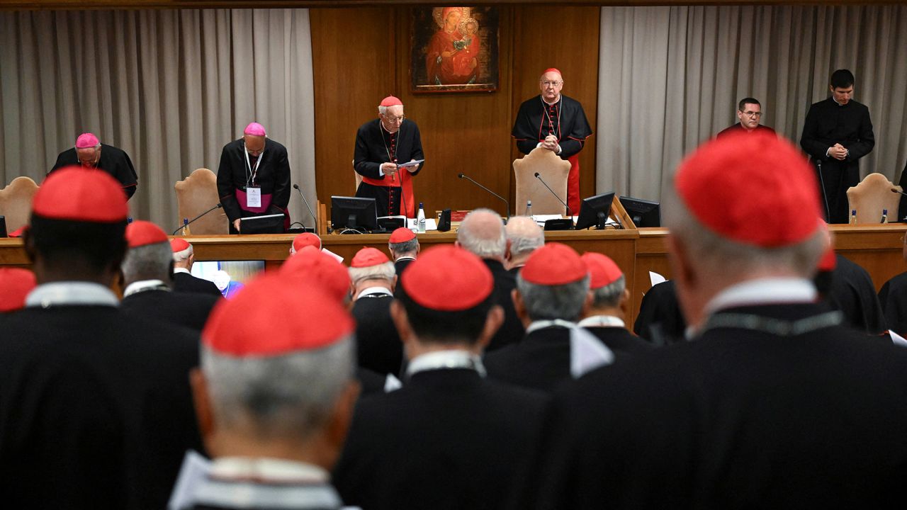 Cardinals participate in a general congregation meeting at the Vatican on Monday.