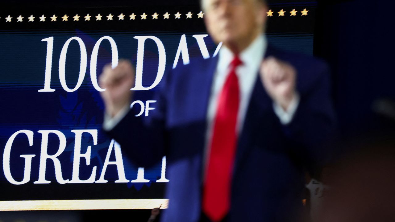 U.S. President Donald Trump attends a rally to mark his 100th day in office, at Macomb Community College in Warren, Michigan, U.S., April 29, 2025. REUTERS/Evelyn Hockstein