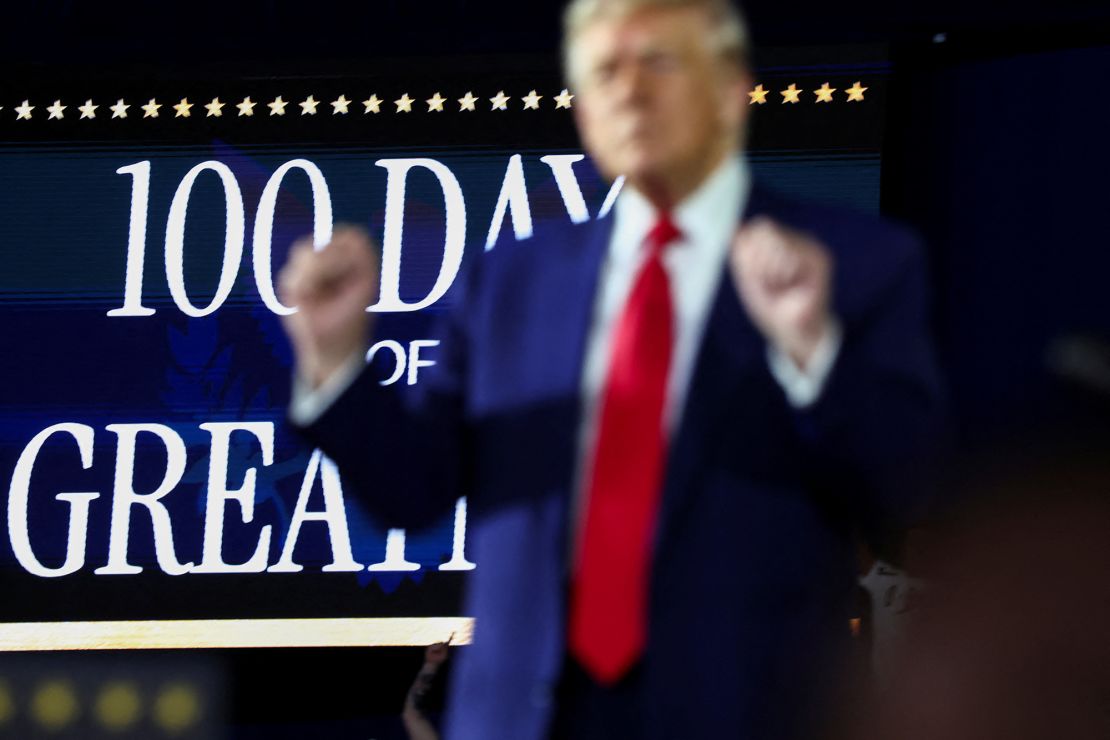 US President Donald Trump attends a rally to mark his 100th day in office at Macomb Community College in Warren, Michigan, US, on April 29, 2025.