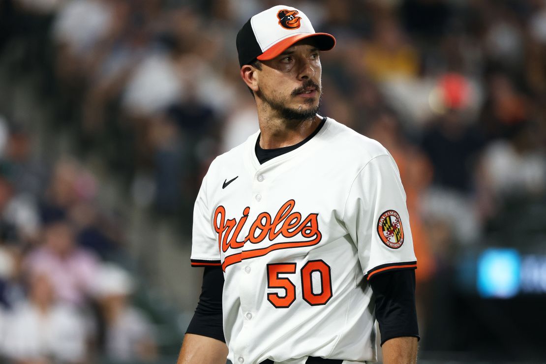 Baltimore Orioles pitcher Charlie Morton walks off of the field during the fifth inning against the New York Yankees.