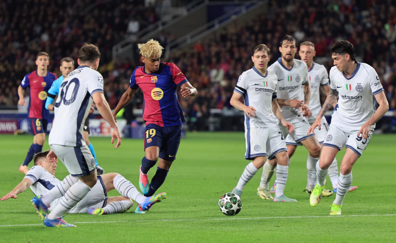 Inter players try to defend Lamine Yamal during Wednesday's thrilling match.