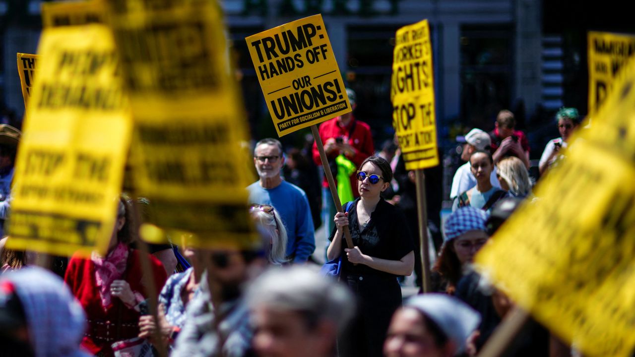 Protestors demonstrate during a May Day rally in New York City, U.S.,  May 1, 2025. REUTERS/Eduardo Munoz