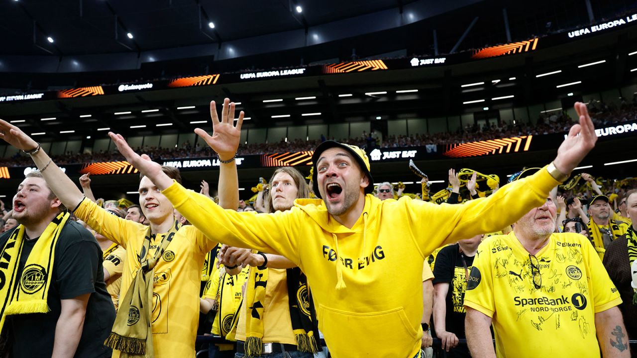 Soccer Football - Europa League - Semi Final - First Leg - Tottenham Hotspur v Bodo/Glimt - Tottenham Hotspur Stadium, London, Britain - May 1, 2025
Bodo/Glimt fans Action Images via Reuters/Peter Cziborra