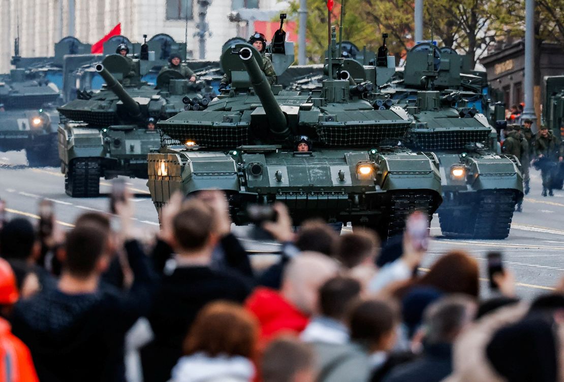 Russian tanks drive along a Moscow street on the day of a rehearsal for a military parade marking the 80th anniversary of victory over Nazi Germany on Saturday.