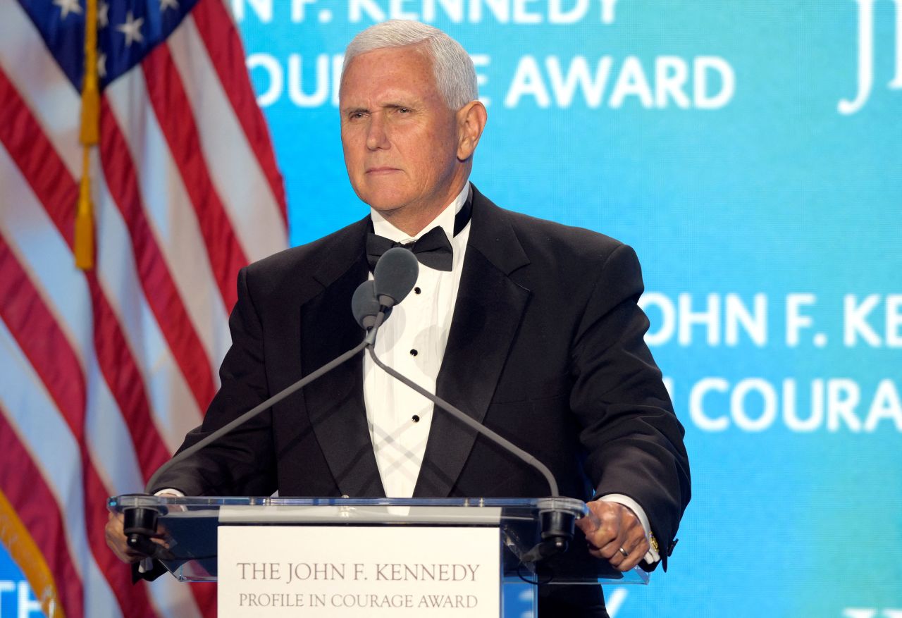 Former US Vice President Mike Pence speaks at the John F. Kennedy Presidential Library and Museum in Boston on May 4.