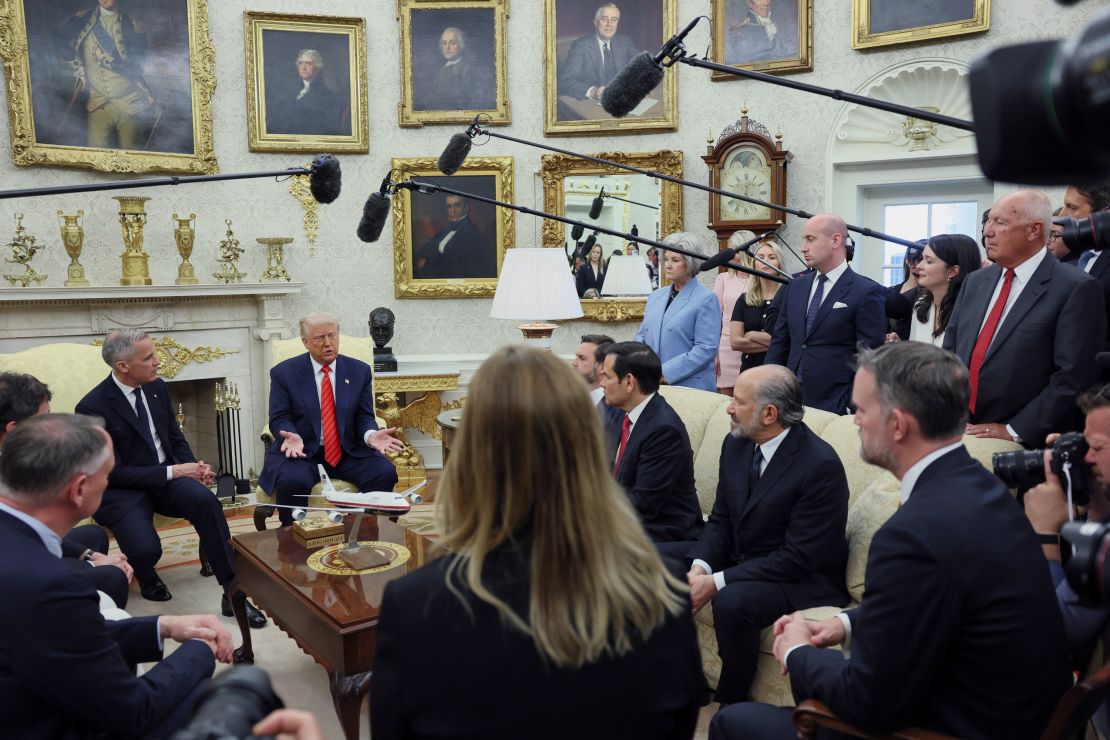 US President Donald Trump and Canadian Prime Minister Mark Carney meet in the Oval Office at the White House in Washington, DC, on Tuesday.