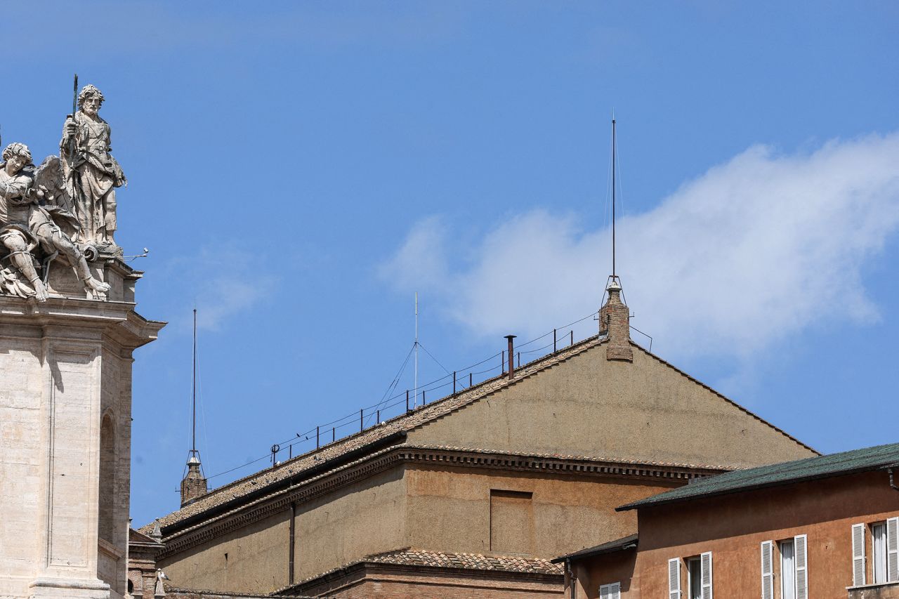 The chimney on the Sistine Chapel roof, ahead of the conclave to elect the next pope, on Wednesday.