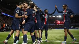 Soccer Football - Champions League - Semi Final - Second Leg - Paris St Germain v Arsenal - Parc des Princes, Paris, France - May 7, 2025 Paris St Germain's Fabian Ruiz celebrates scoring their first goal with teammates REUTERS/Benoit Tessier