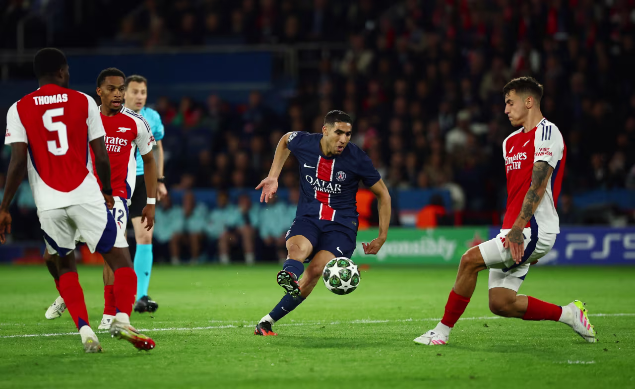 Paris Saint-Germain's Achraf Hakimi scores their second goal.
