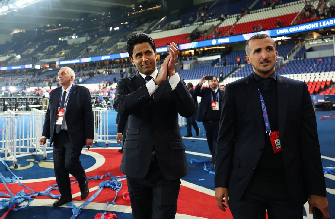 PSG President Nasser Al-Khelaifi celebrates after the win over Arsenal in the second leg of the semifinal.