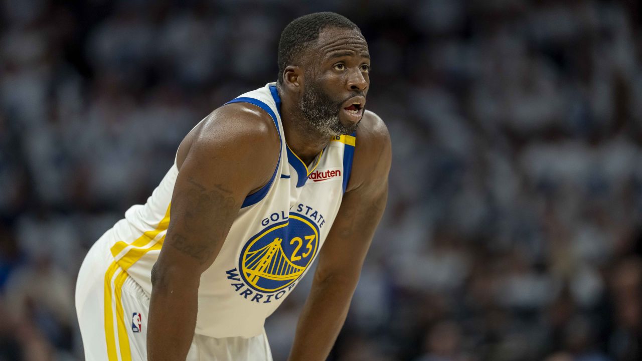 Golden State Warriors forward Draymond Green looks on against the Minnesota Timberwolves in the second half during Game 2 of the second round of the NBA playoffs at Target Center.