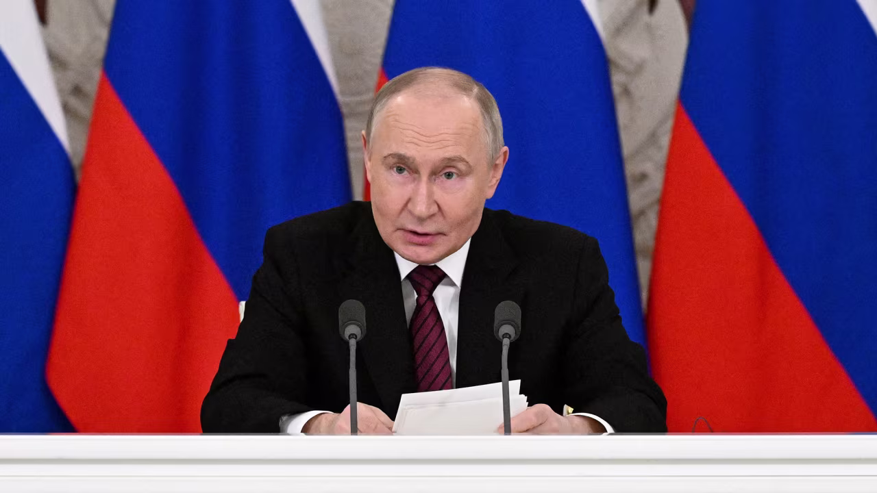 Russian President Vladimir Putin gives a statement to the media at the Kremlin on Sunday.
