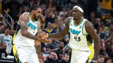 May 11, 2025; Indianapolis, Indiana, USA; Indiana Pacers forward Pascal Siakam (43) and forward Obi Toppin (1) celebrate a made basket during game four of the second round for the 2025 NBA Playoffs against the Cleveland Cavaliers at Gainbridge Fieldhouse. Mandatory Credit: Trevor Ruszkowski-Imagn Images