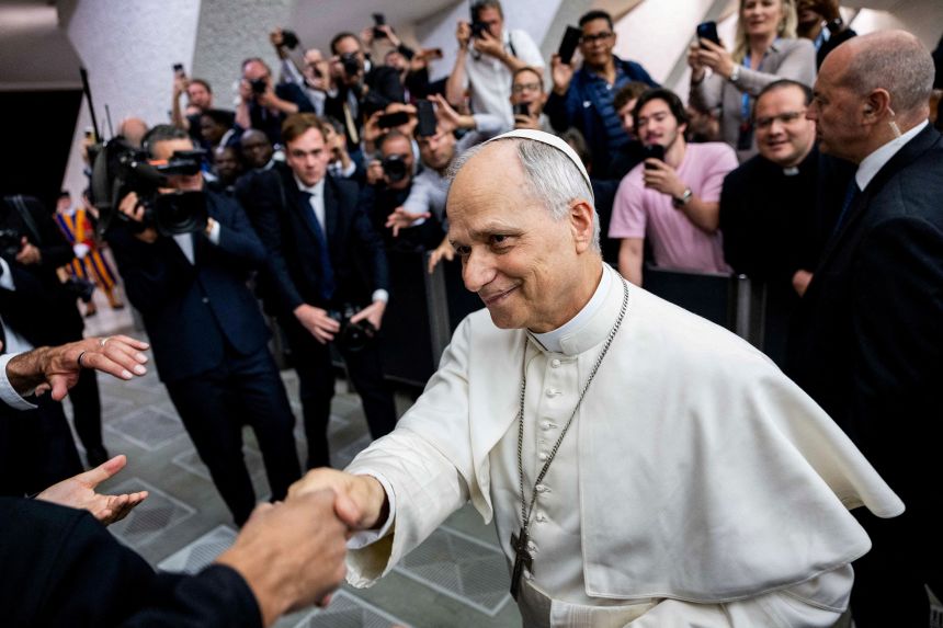Pope Leo XIV shakes hand during an audience at the Vatican on May 12.