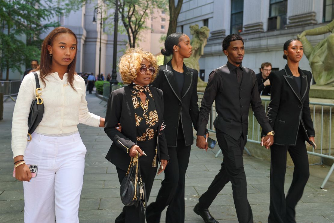 Janice Combs, mother of Sean Combs, and other family members leave court Monday.