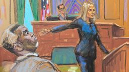 Prosecutor Emily Johnson points to Sean "Diddy" Combs before U.S. District Judge Arun Subramanian at Combs' sex trafficking trial in New York City, New York, U.S., May 12, 2025 in this courtroom sketch. REUTERS/Jane Rosenberg