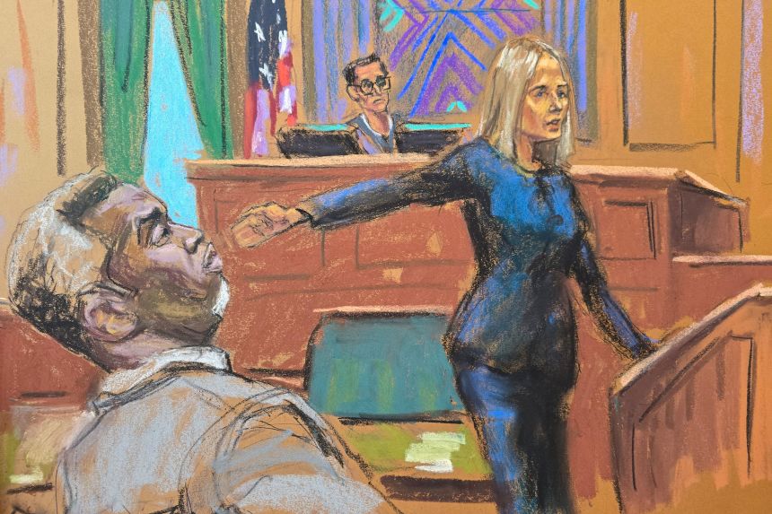 Prosecutor Emily Johnson points to Sean "Diddy" Combs in front of US District Judge Arun Subramanian at Combs' trial in New York City in this courtroom sketch.