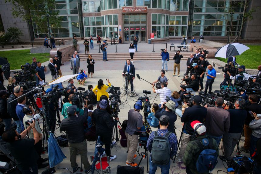 District Attorney Nathan Hochman speaks to the media near the Van Nuys Courthouse West in Los Angeles, California, on Tuesday, the day of a resentencing hearing in the case of Erik and Lyle Menendez.