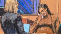 Sean "Diddy" Combs' former girlfriend Casandra "Cassie" Ventura reacts during testimony to prosecutor Emily Johnson at Combs' sex trafficking trial in New York City, New York, U.S., May 13, 2025 in this courtroom sketch. REUTERS/Jane