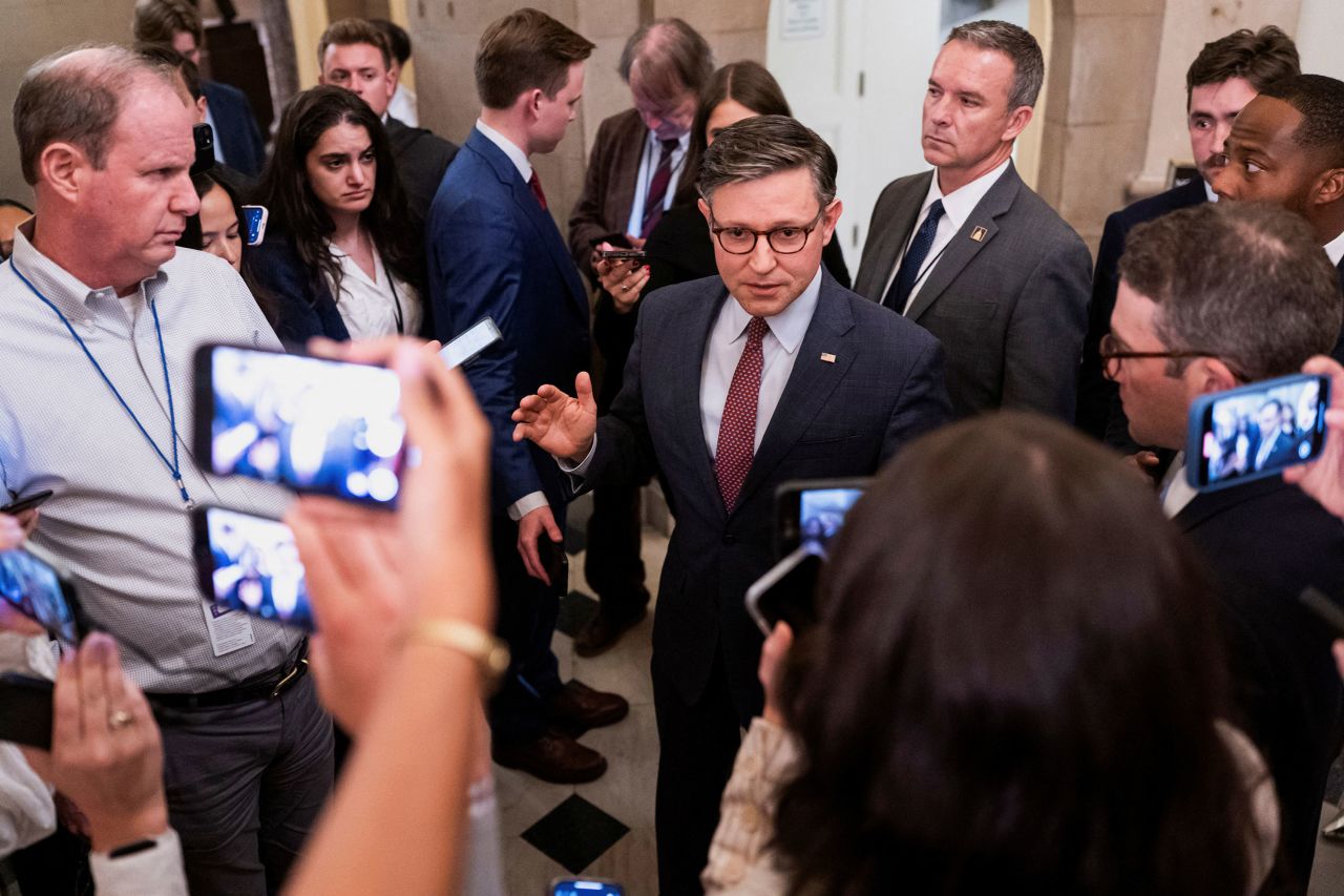 House Speaker Mike Johnson speaks with members of the media on Capitol Hill in Washington, DC, on Tuesday.