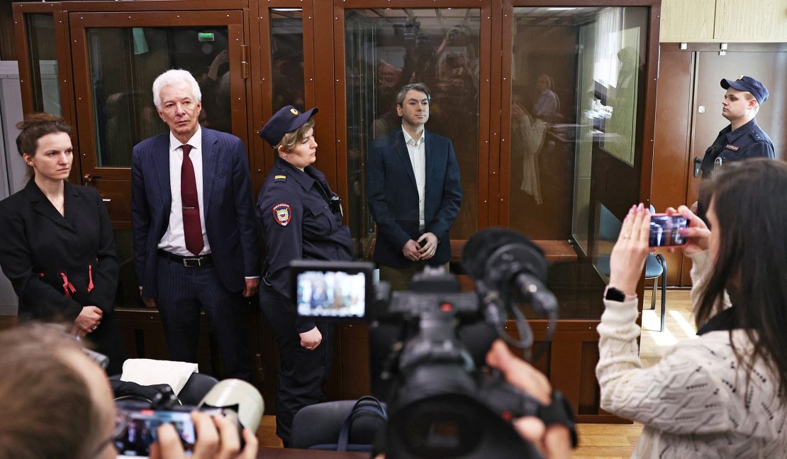 Grigory Melkonyants stands inside an enclosure for defendants during a court hearing in Moscow, Russia on May 14.