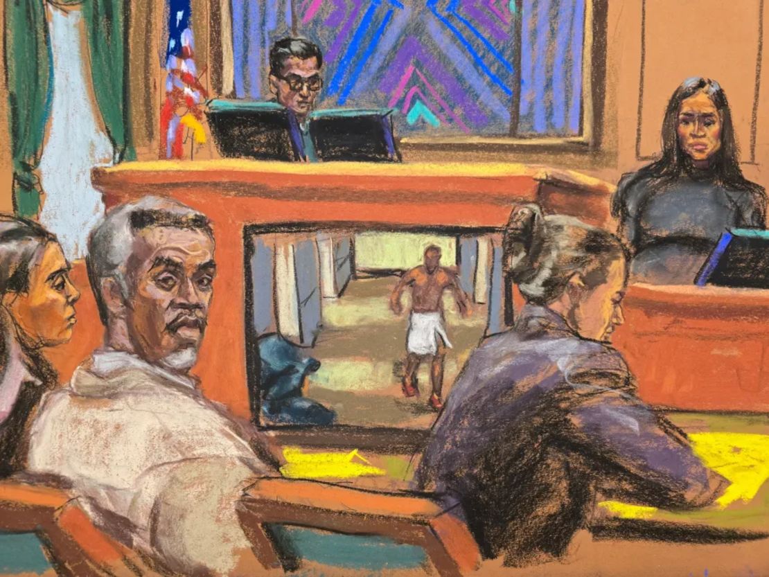Sean "Diddy" Combs escucha a su exnovia Casandra "Cassie" Ventura testificar en su juicio por tráfico sexual en la ciudad de Nueva York el miércoles en este sketch judicial.