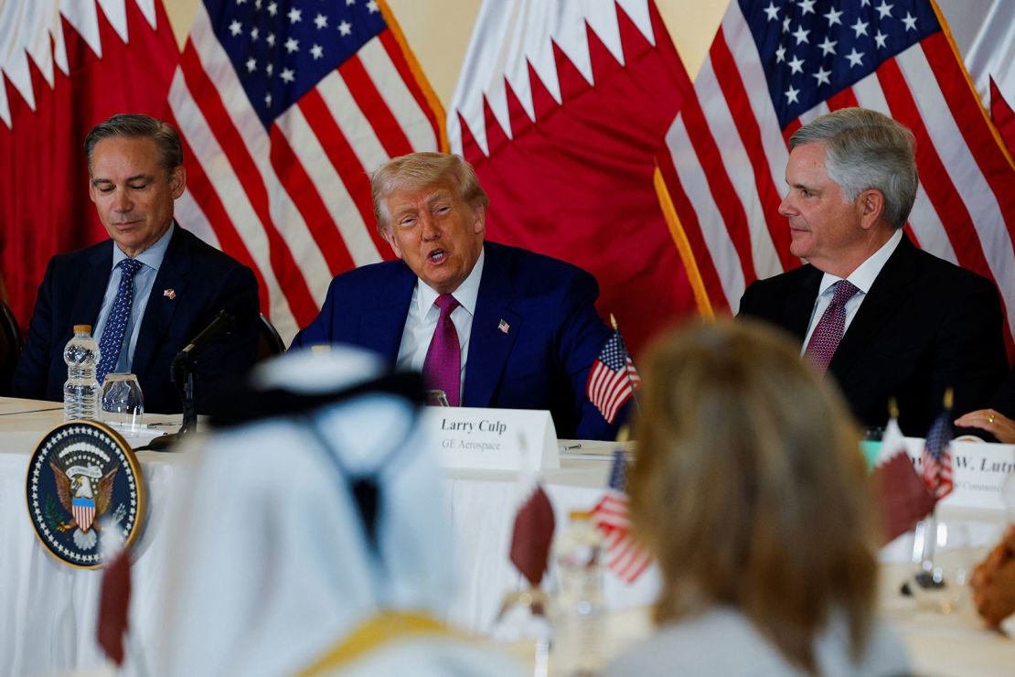 President and CEO of Boeing Kelly Ortberg, US President Donald Trump and Chairman & CEO of GE Aerospace Larry Culp attend a roundtable discussion in Doha, Qatar, May 15, 2025.