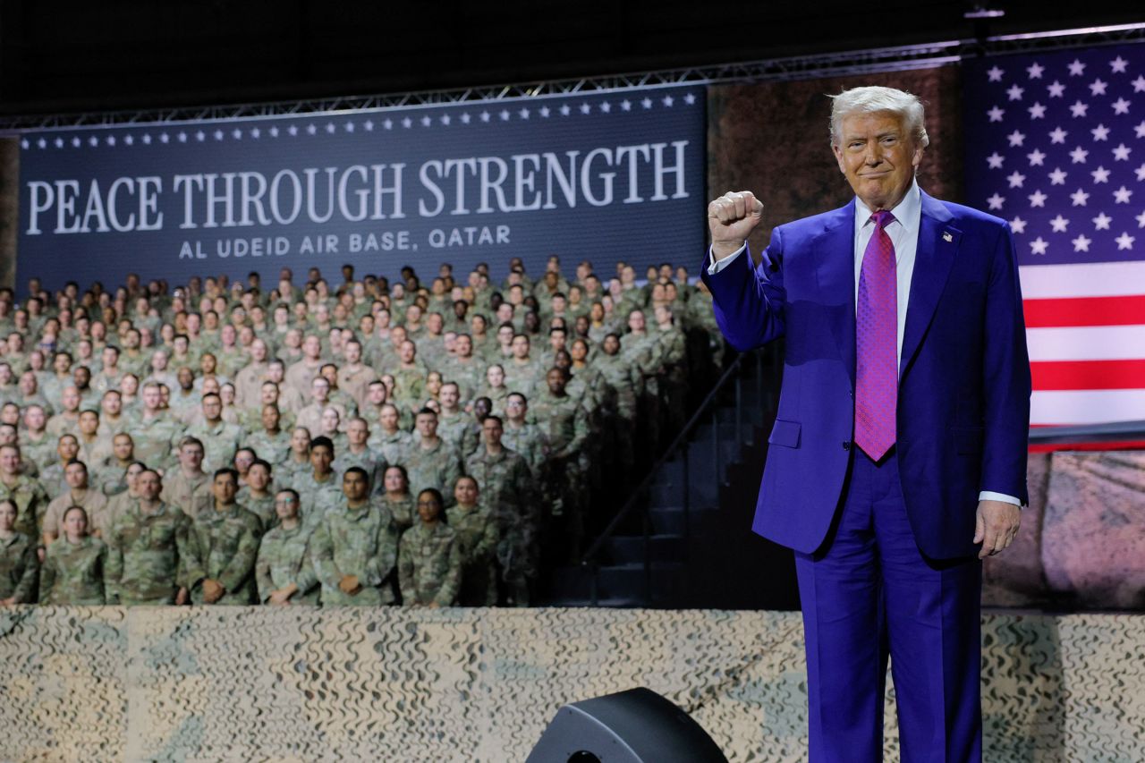 President Donald Trump gestures while delivering remarks to U.S. troops during a visit to Al Udeid Air Base in Doha, Qatar, on Thursday.