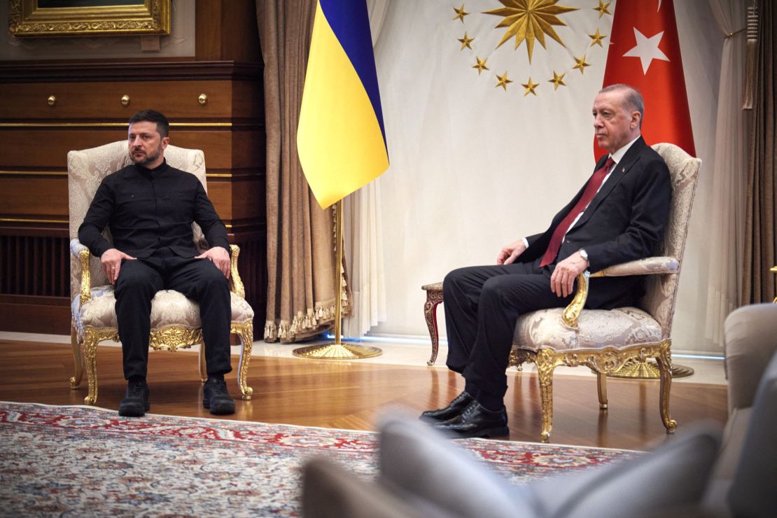 Ukrainian President Volodymyr Zelensky attends a meeting with Turkish President Recep Tayyip Erdogan at the presidential palace in Ankara, Turkey, on Thursday.
